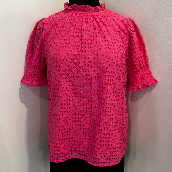 J. Crew Tops - J. Crew Eyelet Top Ruffle Mock Neck Short Sleeve Blouse
